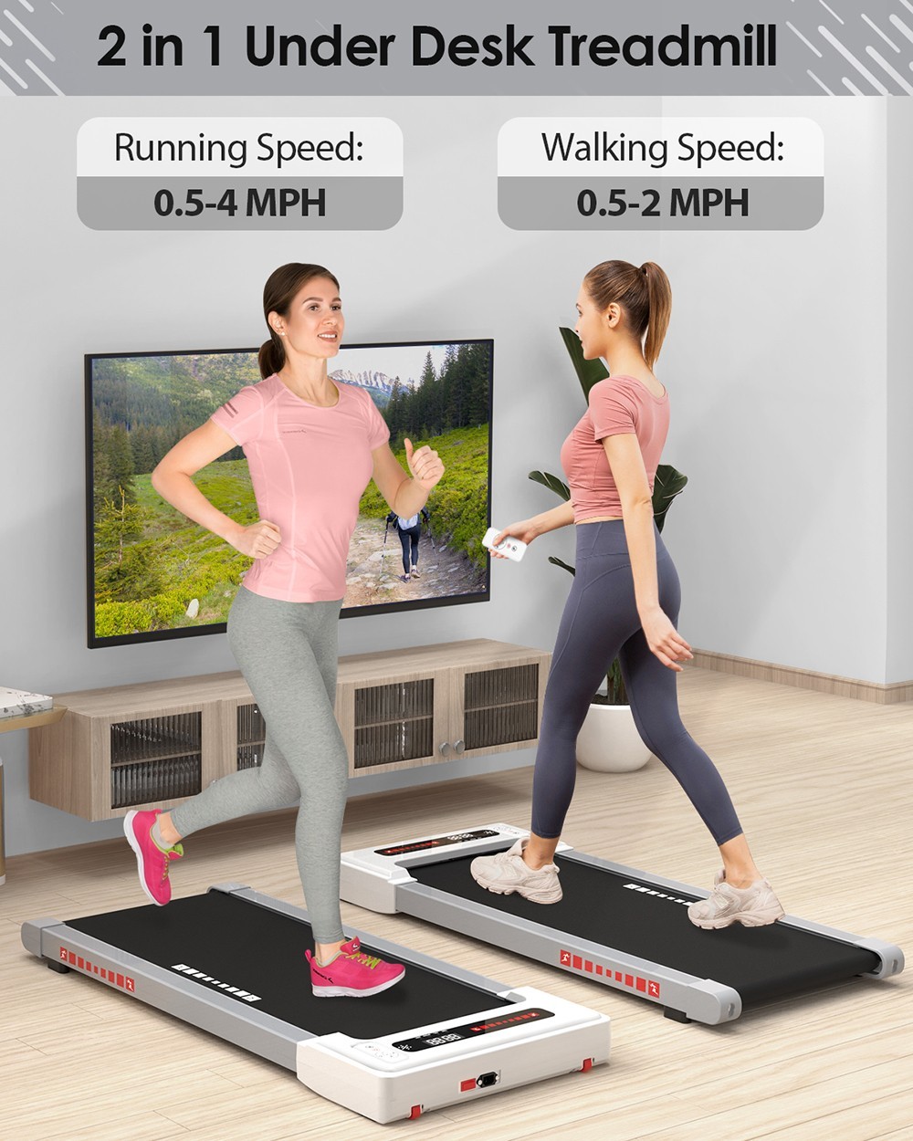 KRD-Q20 2 in 1 Under Desk Treadmill with Bluetooth Music, 2.5HP Motor, 265 LBS Load-Bearing, 1-6KM/H Speed, P1-P12 Program, LED Display, Remote Control