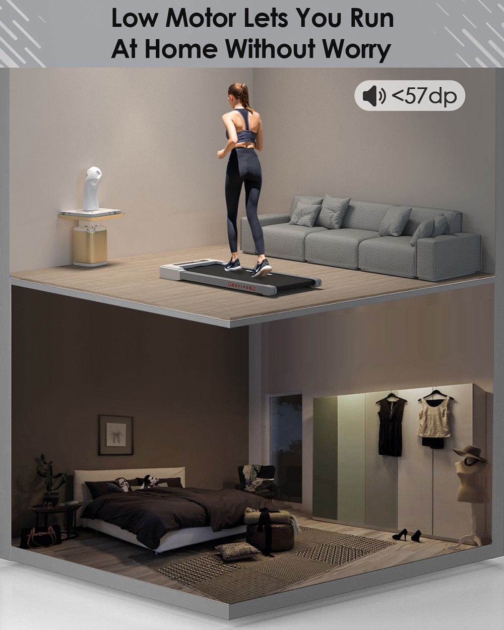 KRD-Q20 2 in 1 Under Desk Treadmill with Bluetooth Music, 2.5HP Motor, 265 LBS Load-Bearing, 1-6KM/H Speed, P1-P12 Program, LED Display, Remote Control