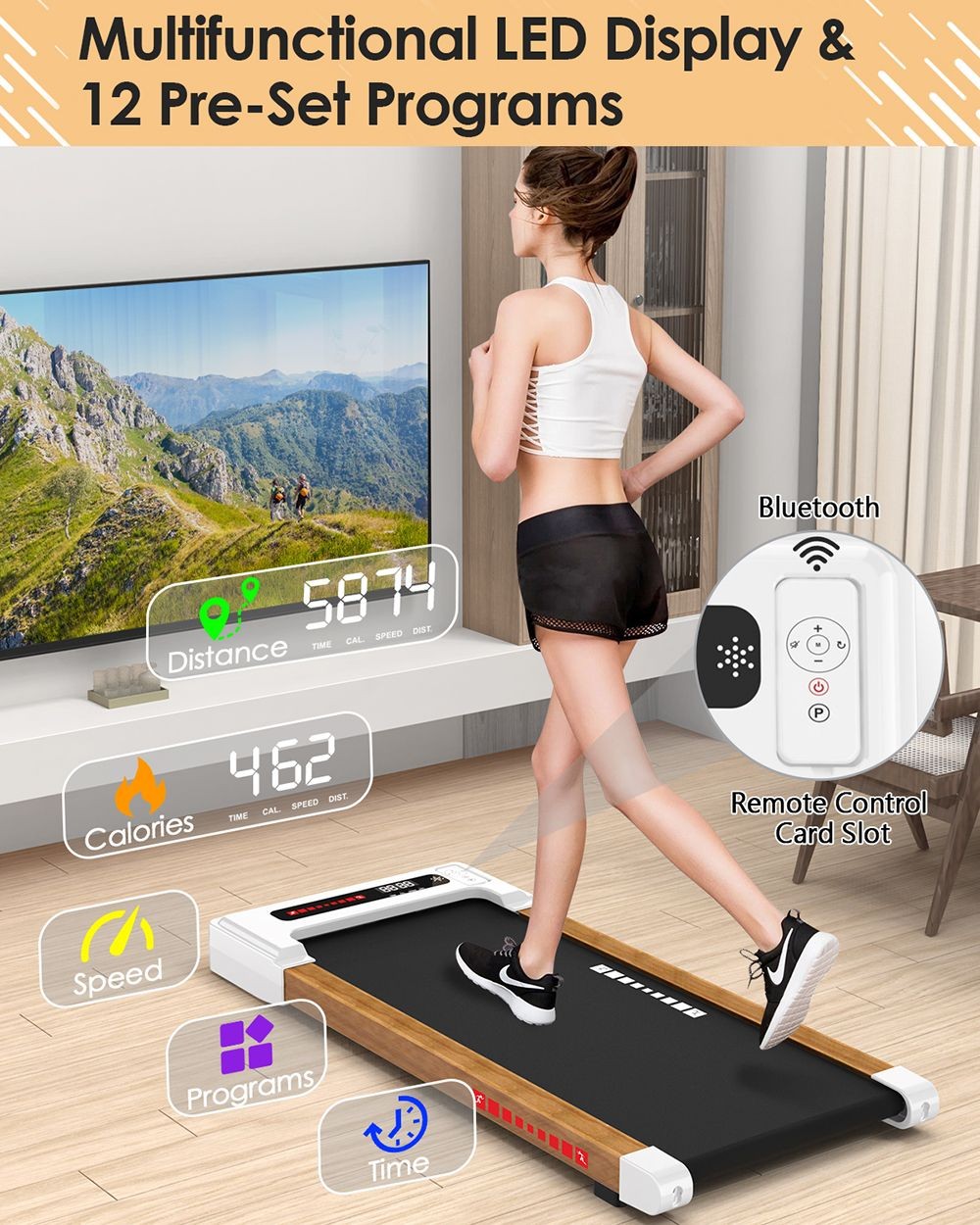 KRD-Q20 2 in 1 Under Desk Treadmill with Bluetooth Music, 2.5HP Motor, 265 LBS Load-Bearing, 1-6KM/H Speed, P1-P12 Program, LED Display, Remote Control