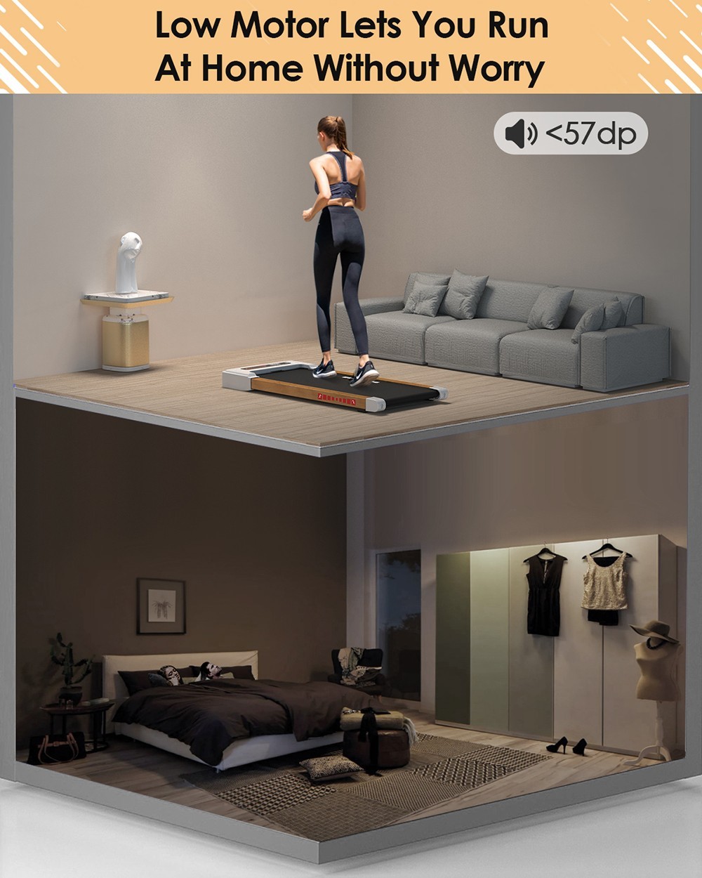 KRD-Q20 2 in 1 Under Desk Treadmill with Bluetooth Music, 2.5HP Motor, 265 LBS Load-Bearing, 1-6KM/H Speed, P1-P12 Program, LED Display, Remote Control