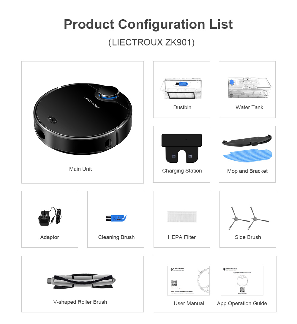 Refurbished Liectroux ZK901 Robot Vacuum Cleaner 3 In 1 Vacuuming Sweeping and Mopping Laser Navigation 6500Pa Suction 5000mAh Battery Voice Control Breakpoint Resume Clean & Mapping APP Control - Black