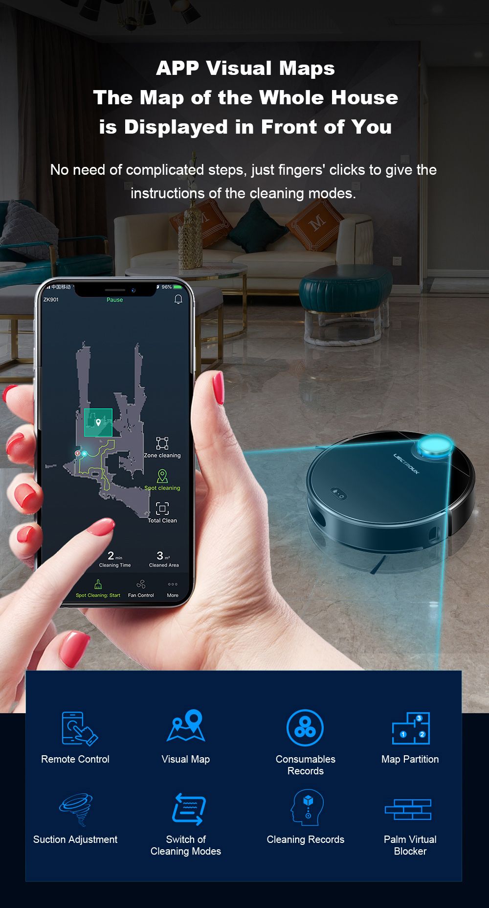 Refurbished Liectroux ZK901 Robot Vacuum Cleaner 3 In 1 Vacuuming Sweeping and Mopping Laser Navigation 6500Pa Suction 5000mAh Battery Voice Control Breakpoint Resume Clean & Mapping APP Control - Black