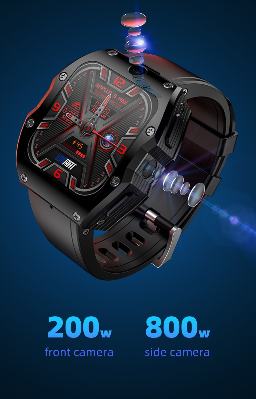 LOKMAT APPLLP 3 MAX Phone Watch 4GB RAM 128GB ROM Android 4G SIM Network GPS Sports Fitness Tracker Dual Camera - Blue