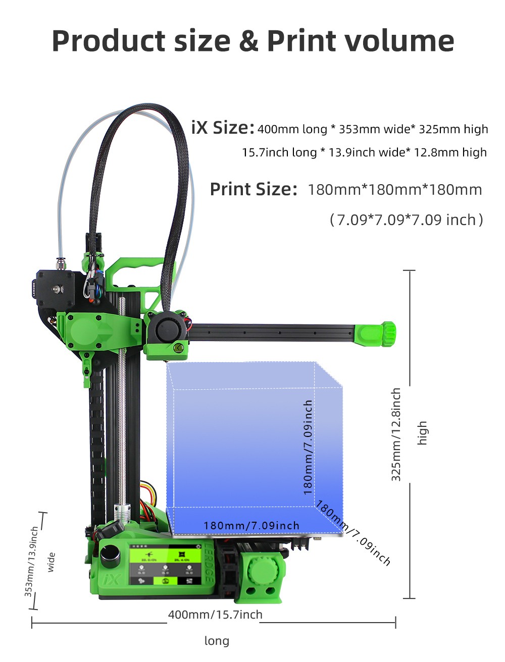 Lerdge iX 3D Printer RTP Version, Pre-Assembly, 0.1mm Printing Accuracy, 200mm/s Printing Speed, PEI Flexible Sheet, 3.5 Inch IPS Touch Screen, TMC2226 Silent Driver, Resume Printing, Full-Metal Extruder, 180*180*180mm, V3.0 Version - Green