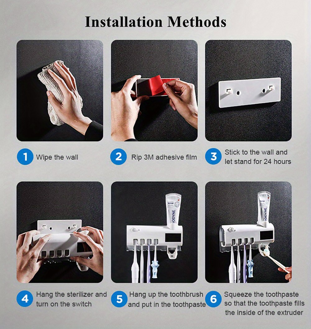 Multifunctional Smart UV Toothbrush Sterilizer Holder, Wall Mounted Toothpaste Dispenser - Black