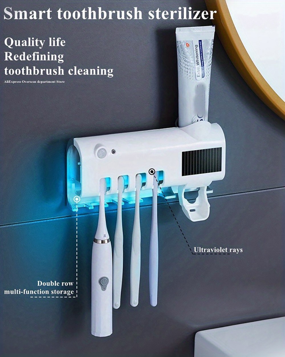 Multifunctional Smart UV Toothbrush Sterilizer Holder, Wall Mounted Toothpaste Dispenser - White