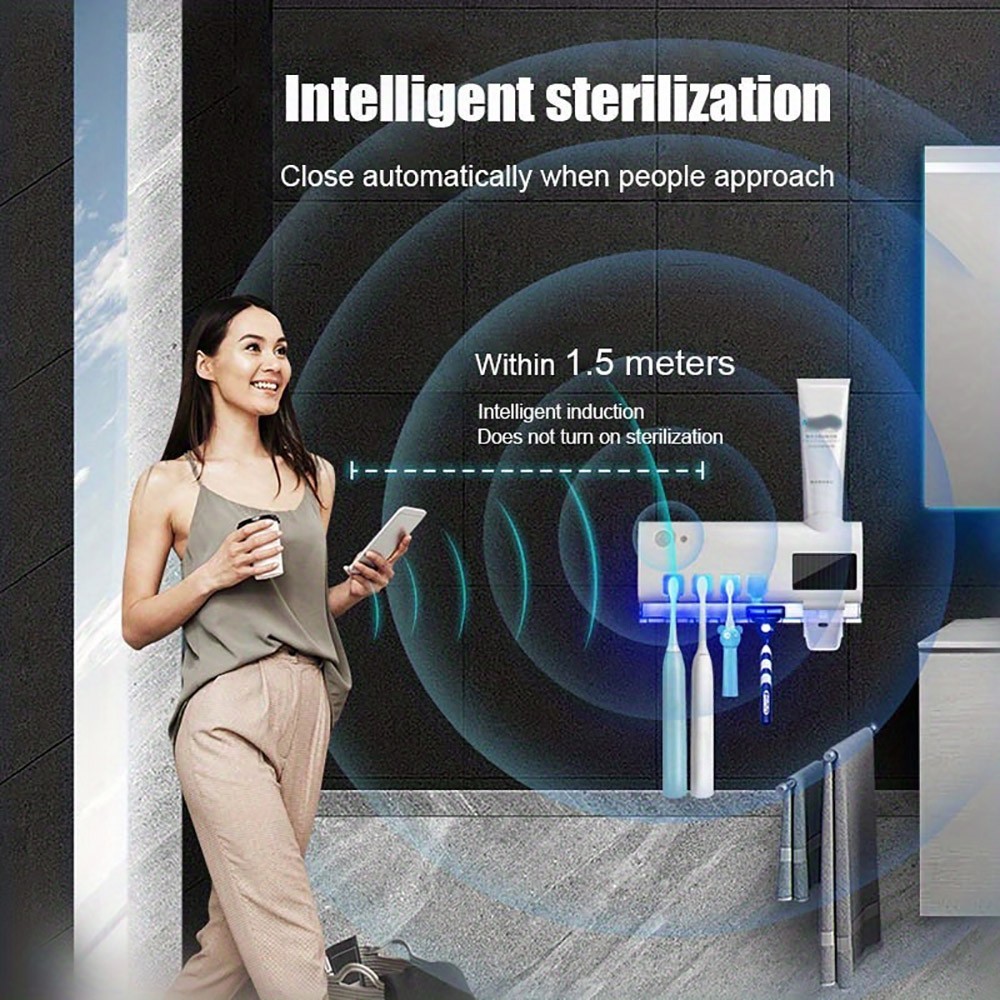 Multifunctional Smart UV Toothbrush Sterilizer Holder, Wall Mounted Toothpaste Dispenser - White