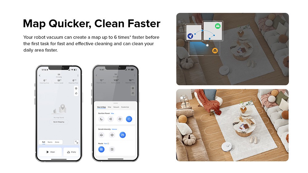 Refurbished Roborock S8 Robot Vacuum Cleaner, 6000Pa Suction, 400ml Dustbin, 300ml Water Tank, LDS Navigation, 180min Runtime - White