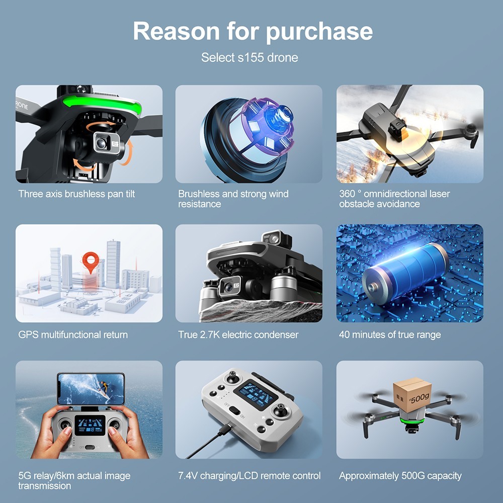 S155 RC Drone 5GHz Relay Built-in Dual 2.7K Three-axis Gimbal with Laser Obstacle Avoidance - 1 Battery