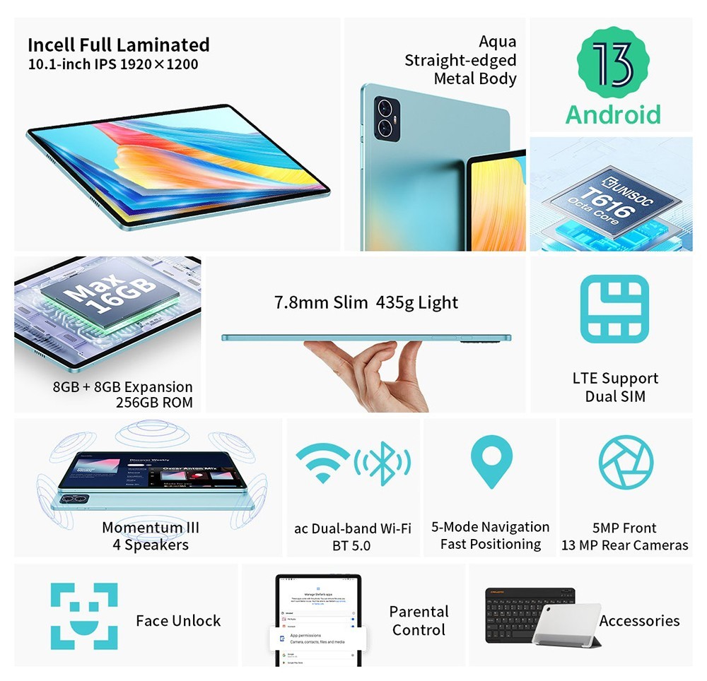 Teclast M50 Pro 10.1in Tablet Unisoc T616 Processor 8GB+8GB Expansion RAM 256GB ROM Android 13 Dual SIM + Micro SD - US
