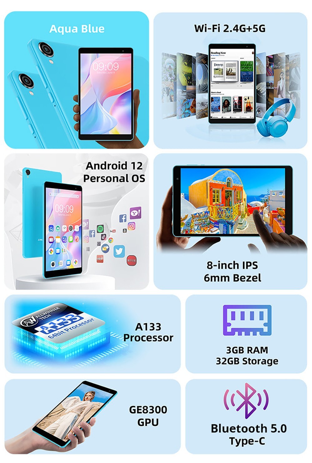 Teclast P80T Kids Tablet, A133P Quad-core Processor, 4GB RAM 64GB ROM, Android 12, 5G WiFi, 0.3MP Front 2MP Rear Camera