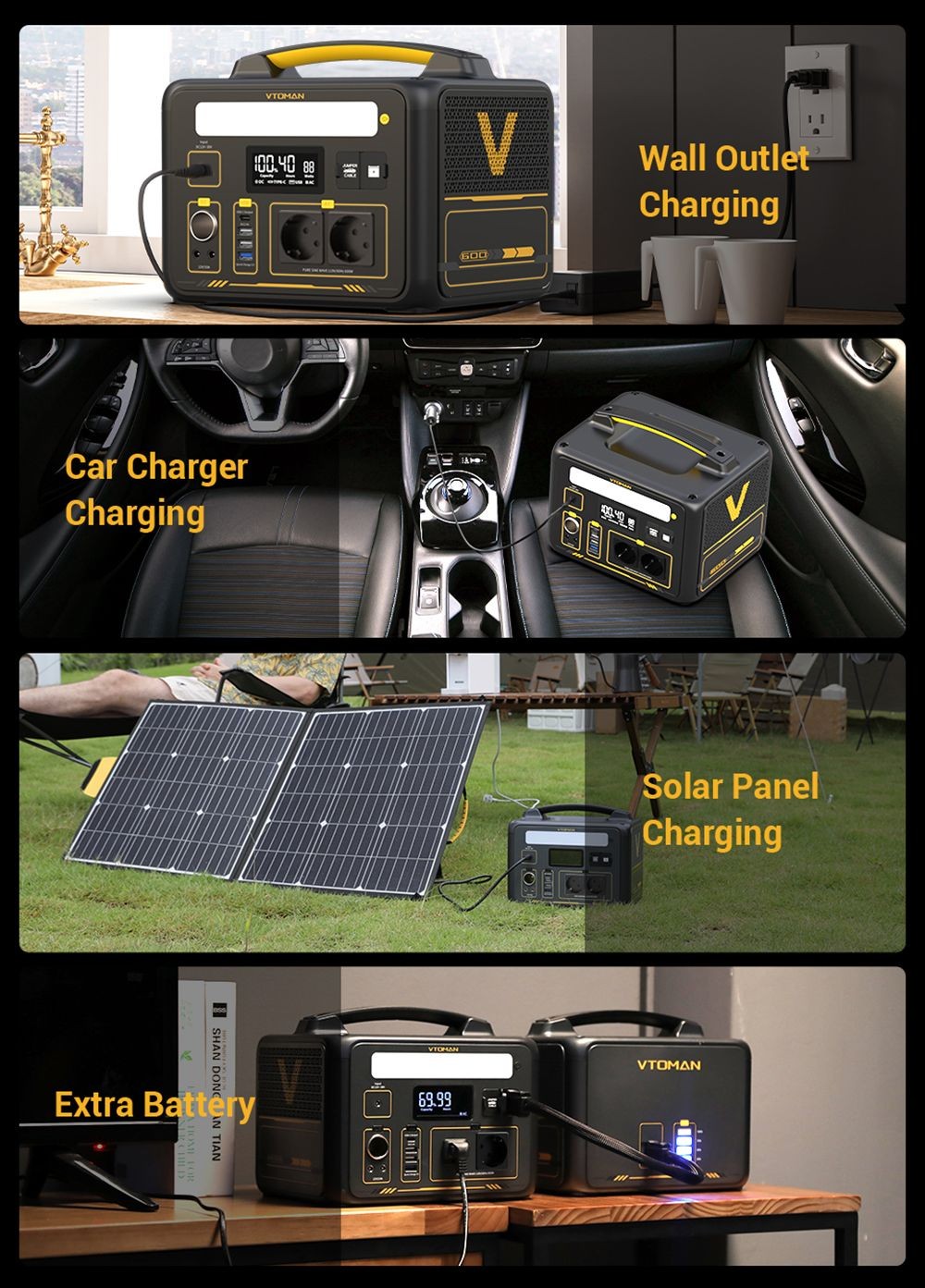 VTOMAN Jump 600 Portable Power Station,  640Wh LiFePO4 Battery Solar Generator, 600W Pure Sine Wave AC Outlets, 9 Ports, 12W LED Light