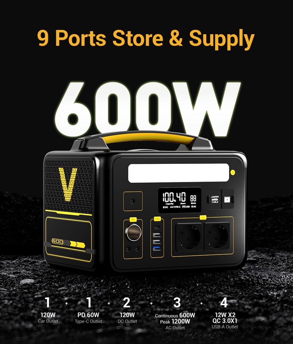 VTOMAN Jump 600 Portable Power Station,  640Wh LiFePO4 Battery Solar Generator, 600W Pure Sine Wave AC Outlets, 9 Ports, 12W LED Light
