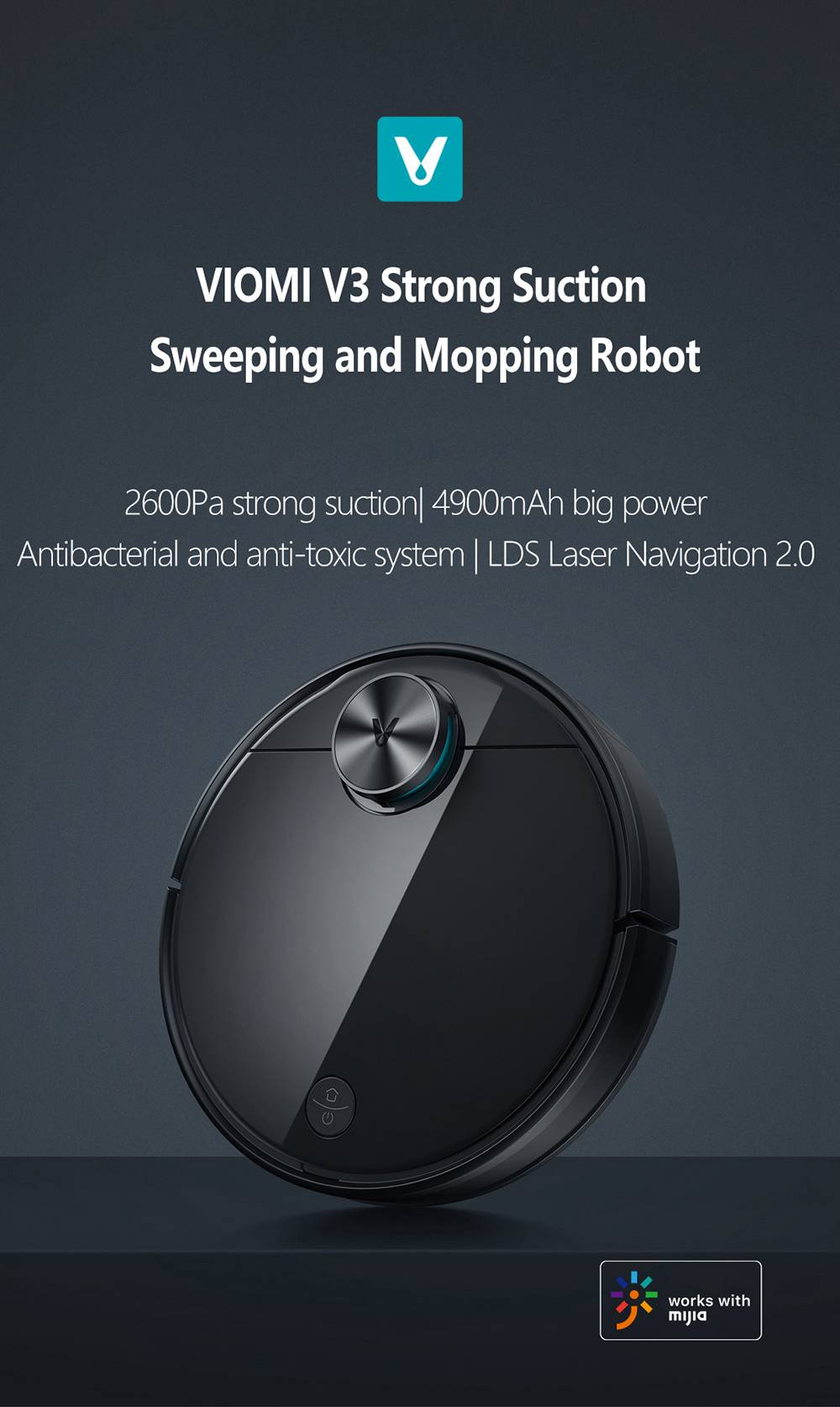 Refurbished Xiaomi Viomi V3 Smart AI Robot Vacuum Cleaner Suction Up to 2600Pa with Self Charging, Supports Disinfecting Surface Area, Quiet Cleaning for Pet Hair, Hard Floors, and Carpet