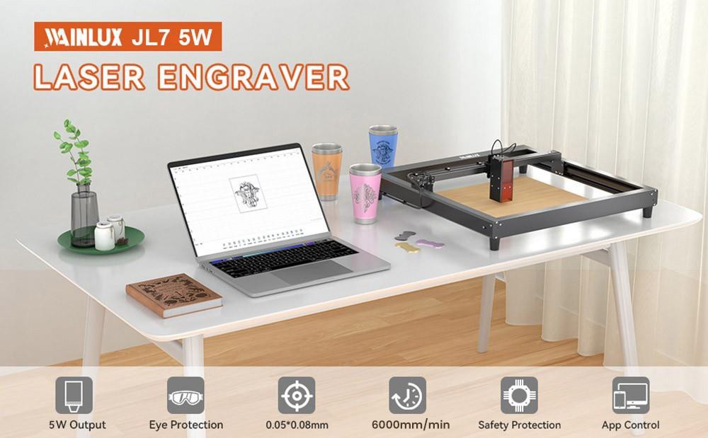 WAINLUX JL7 Laser Engraver Cutter, 5W Laser Power, Knob Fixed Focus, 0.05*0.08mm Compressed Spot, 0.01mm Engraving Precision, 6000mm/min Engraving Speed, App Control, 400*400mm