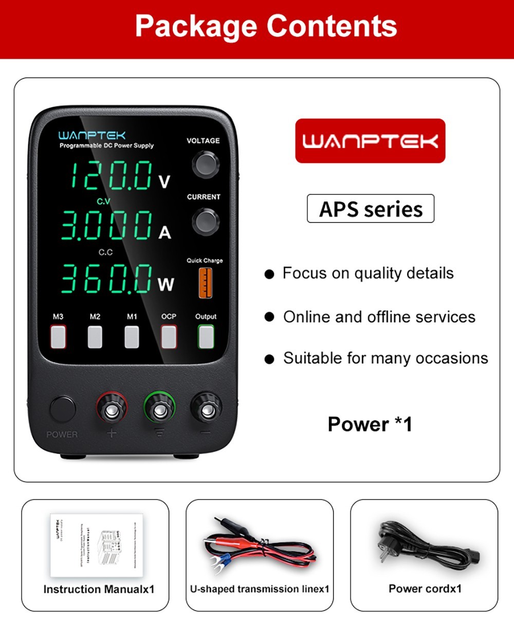 WANPTEK APS1203H Programmable Regulated DC Power Supply, 120V 3A, Storage Memory Function, Encoder Adjustment, USB Fast Charge, 4-Digit Display, Low Ripple, Cooling Fan - EU Plug