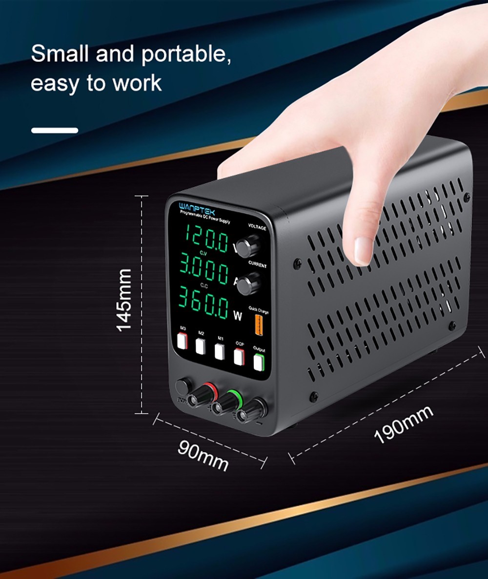 WANPTEK APS1203H Programmable Regulated DC Power Supply, 120V 3A, Storage Memory Function, Encoder Adjustment, USB Fast Charge, 4-Digit Display, Low Ripple, Cooling Fan - EU Plug
