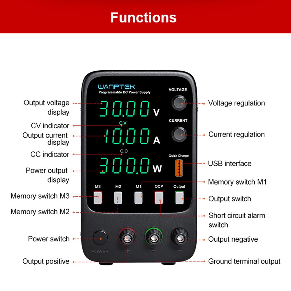 WANPTEK APS3010H Programmable Regulated DC Power Supply, 30V 10A, Storage Memory Function, Encoder Adjustment, USB Fast Charge, 4-Digit Display, Low Ripple, Cooling Fan - EU Plug
