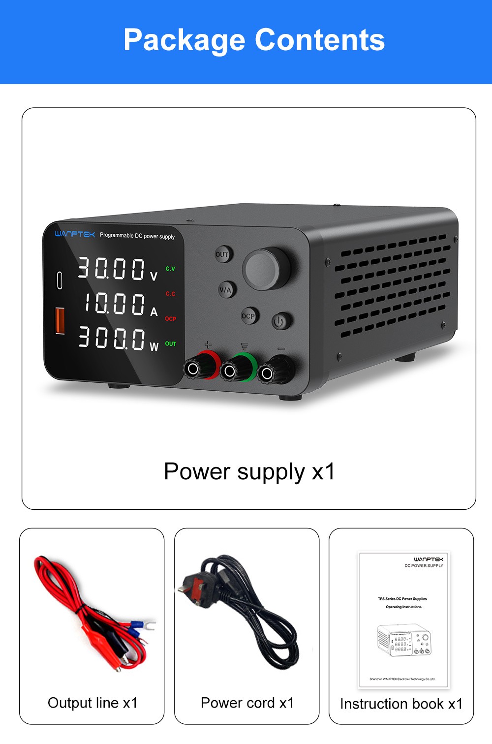 WANPTEK TPS3010 Adjustable Regulated DC Power Supply, 30V 10A, Encoder Adjustment, USB Type-C Fast Charge, 4-Digit Display, Low Noise, A/V Switching, Cooling Fan Black - UK Plug