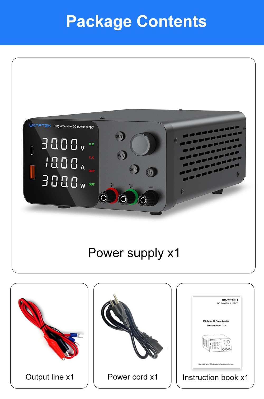 WANPTEK TPS3010 Adjustable Regulated DC Power Supply, 30V 10A, Encoder Adjustment, USB Type-C Fast Charge, 4-Digit Display, Low Noise, A/V Switching, Cooling Fan Black - US Plug