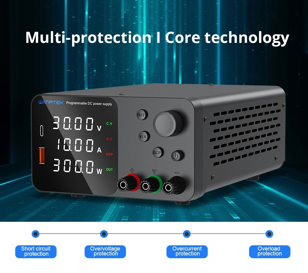 WANPTEK TPS3010 Adjustable Regulated DC Power Supply, 30V 10A, Encoder Adjustment, USB Type-C Fast Charge, 4-Digit Display, Low Noise, A/V Switching, Cooling Fan Black - US Plug