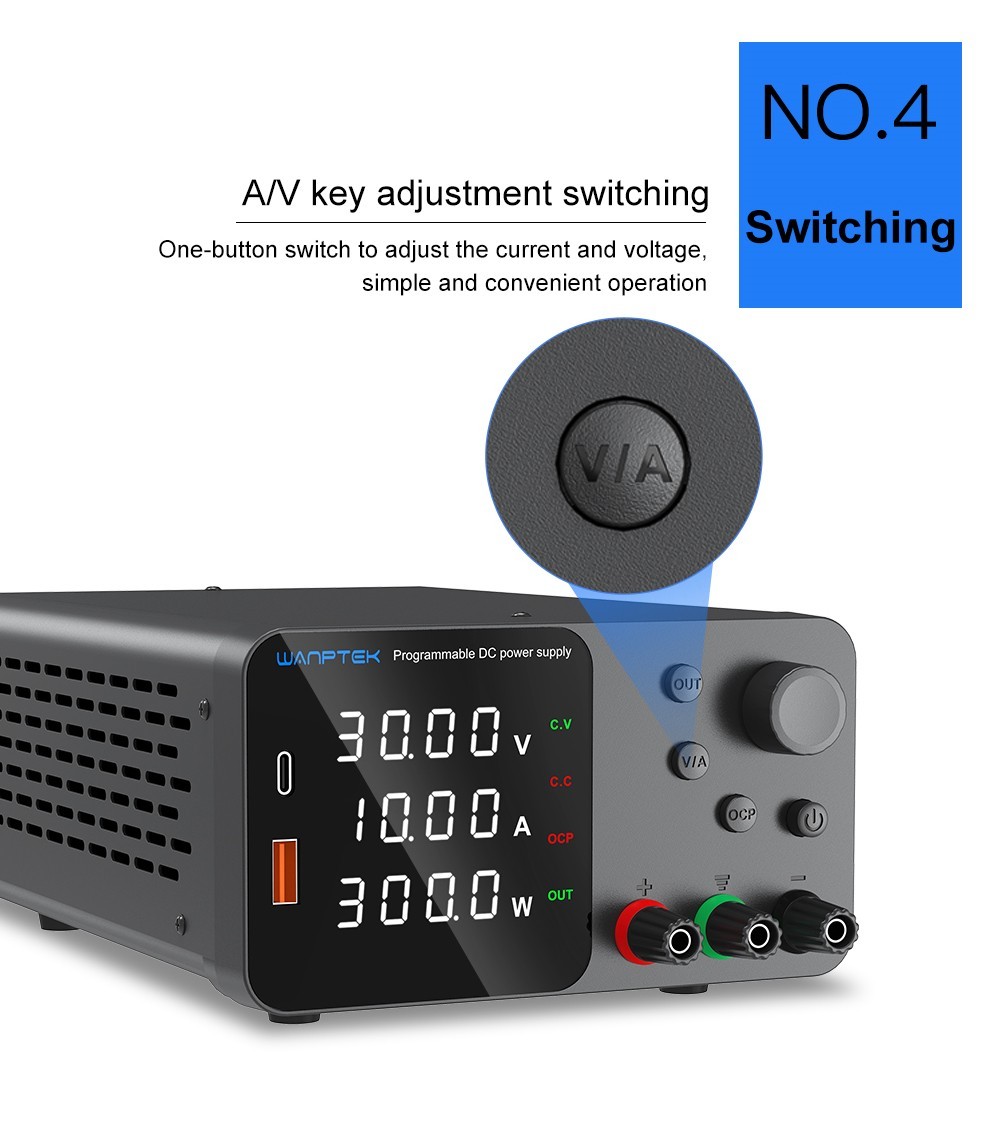 WANPTEK TPS3010 Adjustable Regulated DC Power Supply, 30V 10A, Encoder Adjustment, USB Type-C Fast Charge, 4-Digit Display, Low Noise, A/V Switching, Cooling Fan White - EU Plug