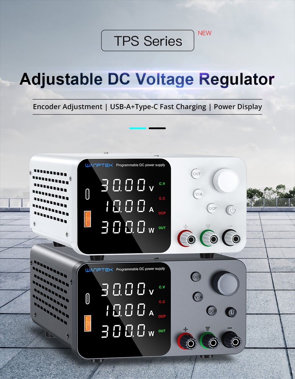WANPTEK TPS3010 Adjustable Regulated DC Power Supply, 30V 10A, Encoder Adjustment, USB Type-C Fast Charge, 4-Digit Display, Low Noise, A/V Switching, Cooling Fan White - US Plug