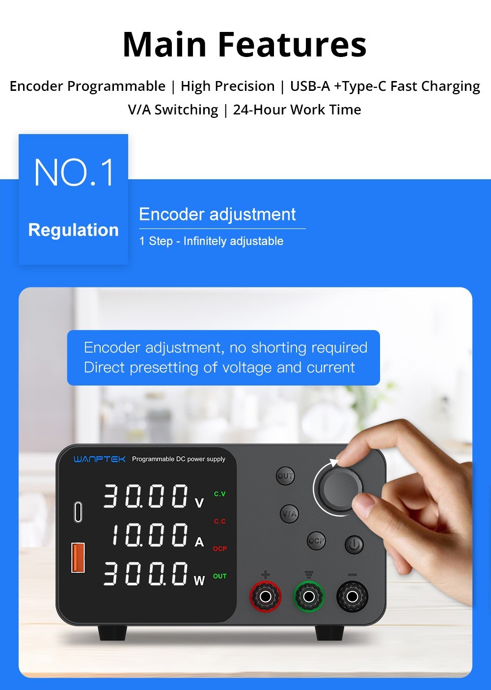 WANPTEK TPS3010 Adjustable Regulated DC Power Supply, 30V 10A, Encoder Adjustment, USB Type-C Fast Charge, 4-Digit Display, Low Noise, A/V Switching, Cooling Fan White - US Plug