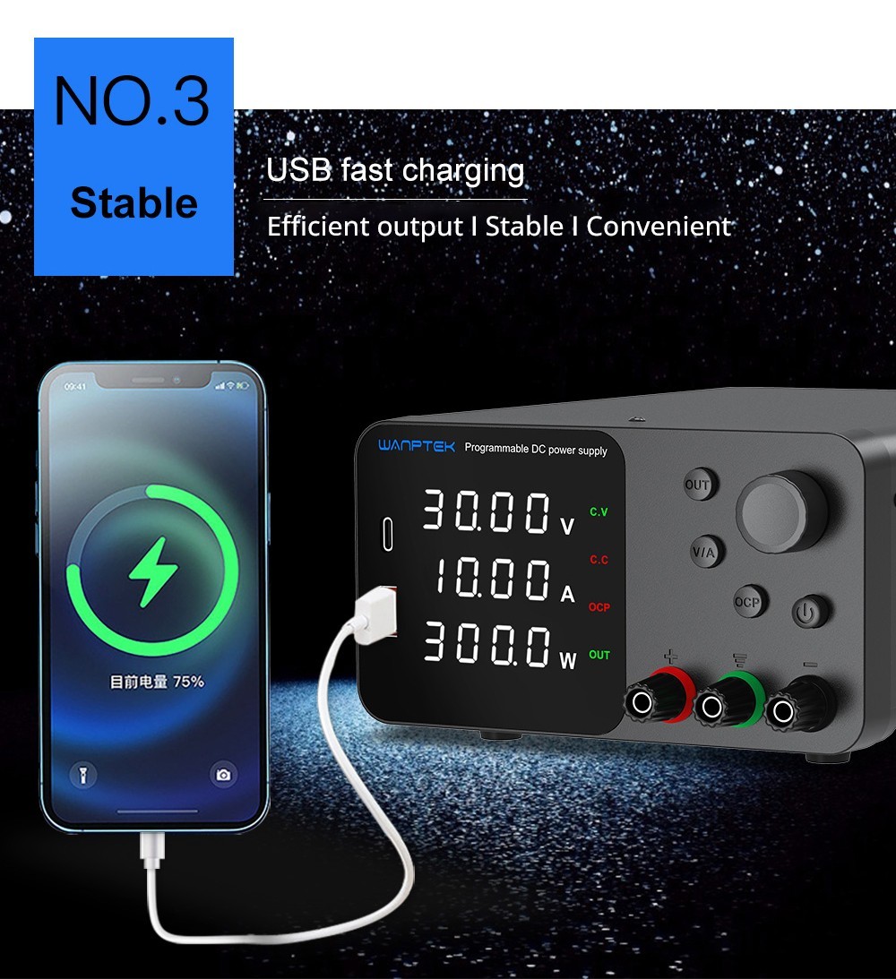 WANPTEK TPS3010 Adjustable Regulated DC Power Supply, 30V 10A, Encoder Adjustment, USB Type-C Fast Charge, 4-Digit Display, Low Noise, A/V Switching, Cooling Fan White - US Plug