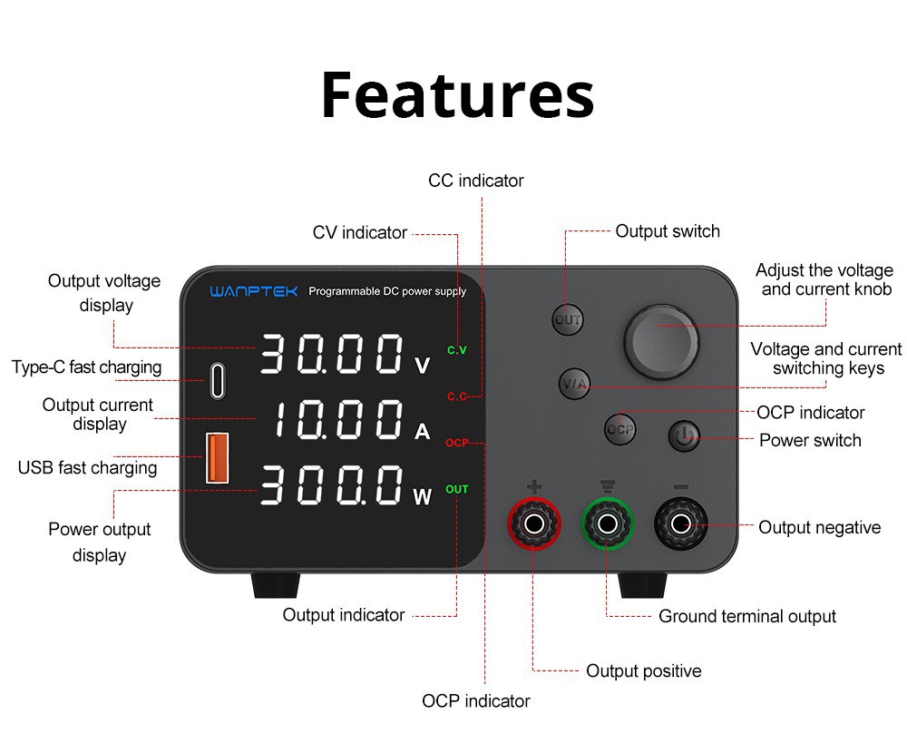 WANPTEK TPS3010 Adjustable Regulated DC Power Supply, 30V 10A, Encoder Adjustment, USB Type-C Fast Charge, 4-Digit Display, Low Noise, A/V Switching, Cooling Fan White - US Plug