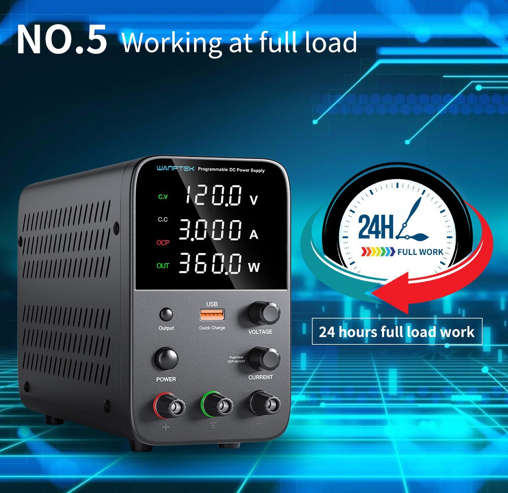 WANPTEK WPS1203 Programmable Regulated DC Power Supply, 120V 3A, Encoder Adjustment, USB Fast Charge, Intelligent Temperature Control, 4-Digit Display, Low Ripple, Low Noise Black - UK Plug