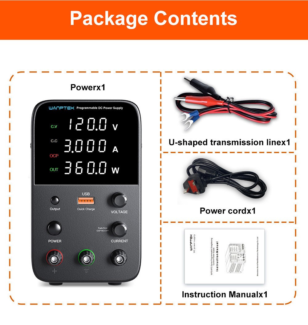 WANPTEK WPS1203 Programmable Regulated DC Power Supply, 120V 3A, Encoder Adjustment, USB Fast Charge, Intelligent Temperature Control, 4-Digit Display, Low Ripple, Low Noise Black - UK Plug