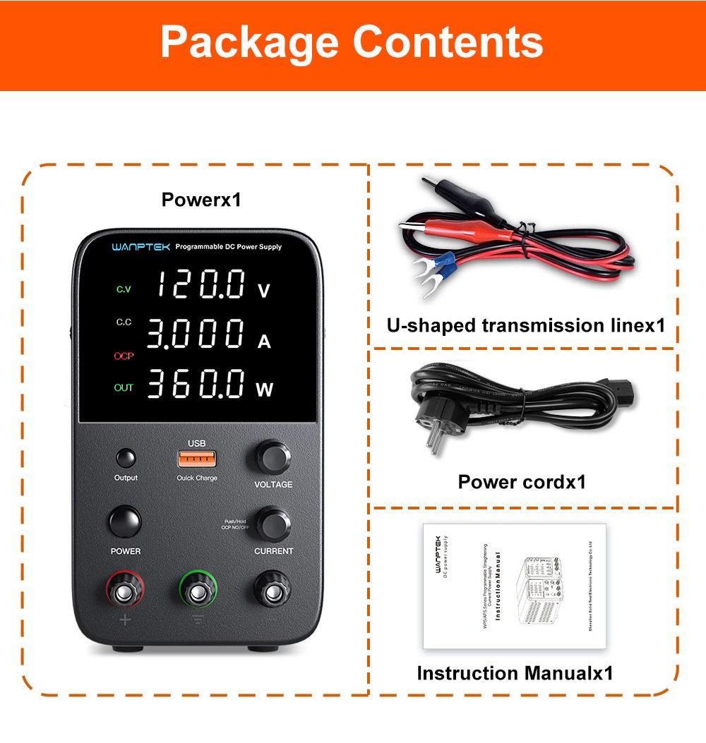 WANPTEK WPS1203 Programmable Regulated DC Power Supply, 120V 3A, Encoder Adjustment, USB Fast Charge, Intelligent Temperature Control, 4-Digit Display, Low Ripple, Low Noise White - EU Plug
