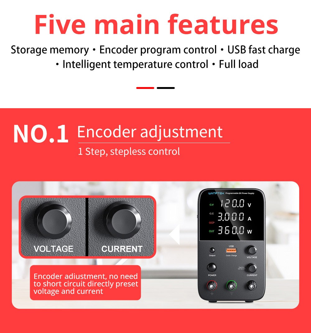 WANPTEK WPS1203 Programmable Regulated DC Power Supply, 120V 3A, Encoder Adjustment, USB Fast Charge, Intelligent Temperature Control, 4-Digit Display, Low Ripple, Low Noise White - EU Plug