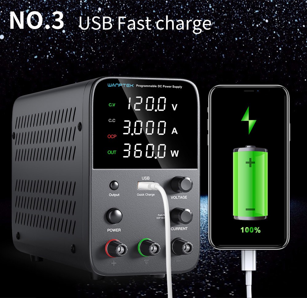 WANPTEK WPS1203 Programmable Regulated DC Power Supply, 120V 3A, Encoder Adjustment, USB Fast Charge, Intelligent Temperature Control, 4-Digit Display, Low Ripple, Low Noise White - EU Plug