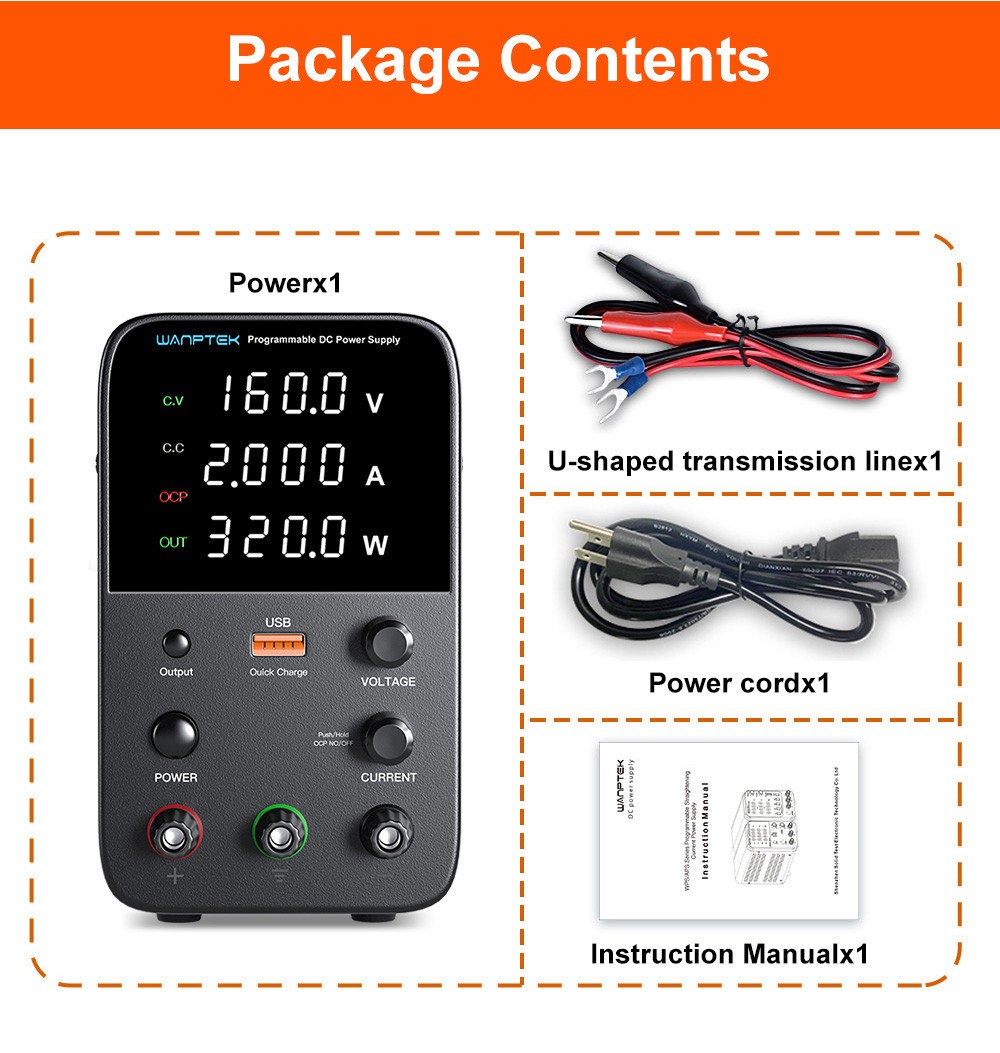 WANPTEK WPS1602 Programmable Regulated DC Power Supply, 160V 2A, Encoder Adjustment, USB Fast Charge, Intelligent Temperature Control, 4-Digit Display, Low Ripple, Low Noise White - US Plug