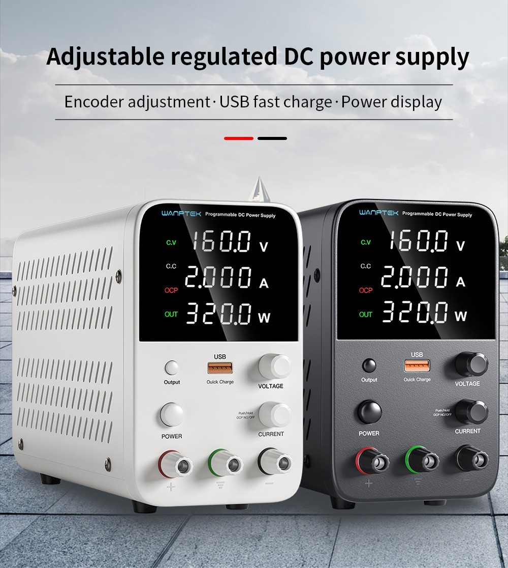 WANPTEK WPS1602 Programmable Regulated DC Power Supply, 160V 2A, Encoder Adjustment, USB Fast Charge, Intelligent Temperature Control, 4-Digit Display, Low Ripple, Low Noise Black - EU Plug