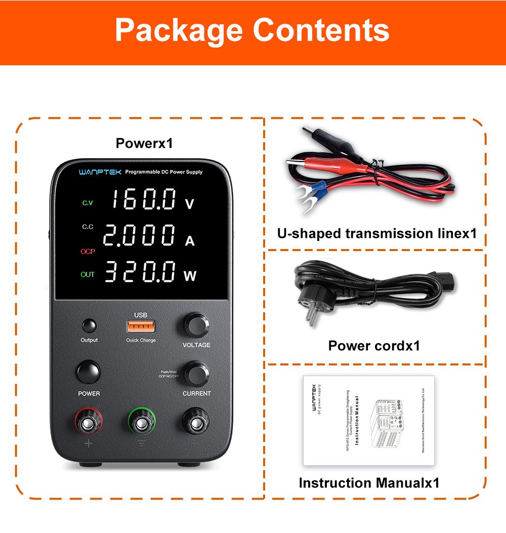 WANPTEK WPS1602 Programmable Regulated DC Power Supply, 160V 2A, Encoder Adjustment, USB Fast Charge, Intelligent Temperature Control, 4-Digit Display, Low Ripple, Low Noise Black - EU Plug