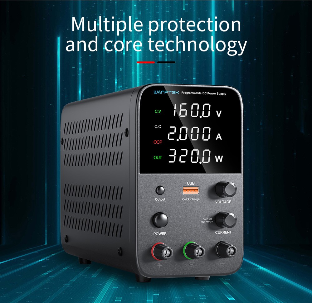 WANPTEK WPS1602 Programmable Regulated DC Power Supply, 160V 2A, Encoder Adjustment, USB Fast Charge, Intelligent Temperature Control, 4-Digit Display, Low Ripple, Low Noise Black - EU Plug