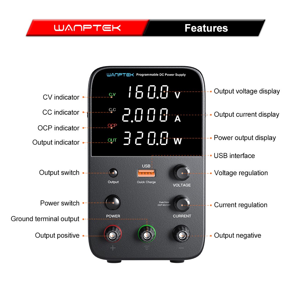 WANPTEK WPS1602 Programmable Regulated DC Power Supply, 160V 2A, Encoder Adjustment, USB Fast Charge, Intelligent Temperature Control, 4-Digit Display, Low Ripple, Low Noise Black - EU Plug
