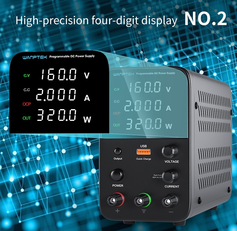 WANPTEK WPS1602 Programmable Regulated DC Power Supply, 160V 2A, Encoder Adjustment, USB Fast Charge, Intelligent Temperature Control, 4-Digit Display, Low Ripple, Low Noise Black - EU Plug