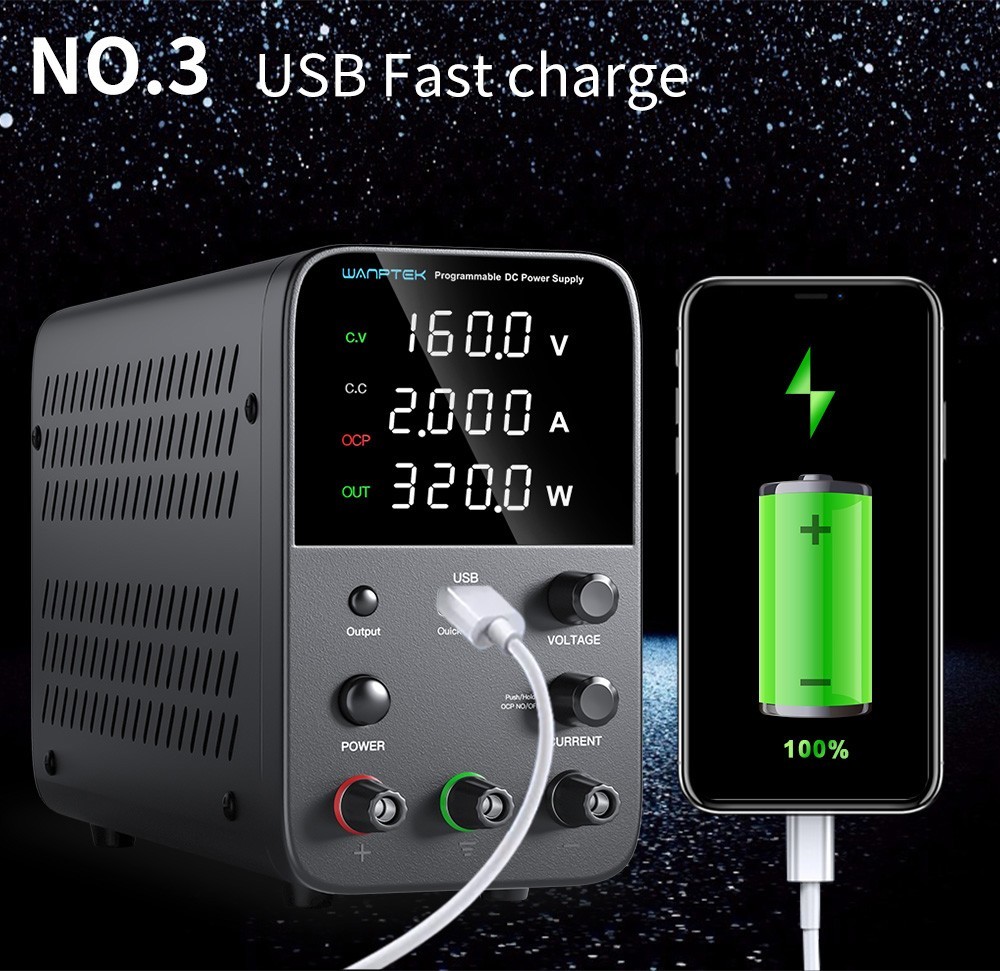 WANPTEK WPS1602 Programmable Regulated DC Power Supply, 160V 2A, Encoder Adjustment, USB Fast Charge, Intelligent Temperature Control, 4-Digit Display, Low Ripple, Low Noise Black - EU Plug
