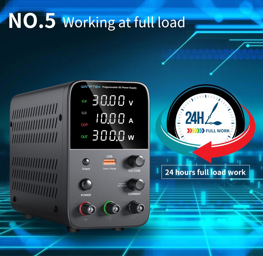 WANPTEK WPS3010 Programmable Regulated DC Power Supply, 30V 10A, Encoder Adjustment, USB Fast Charge, Intelligent Temperature Control, 4-Digit Display, Low Ripple, Low Noise White - EU Plug