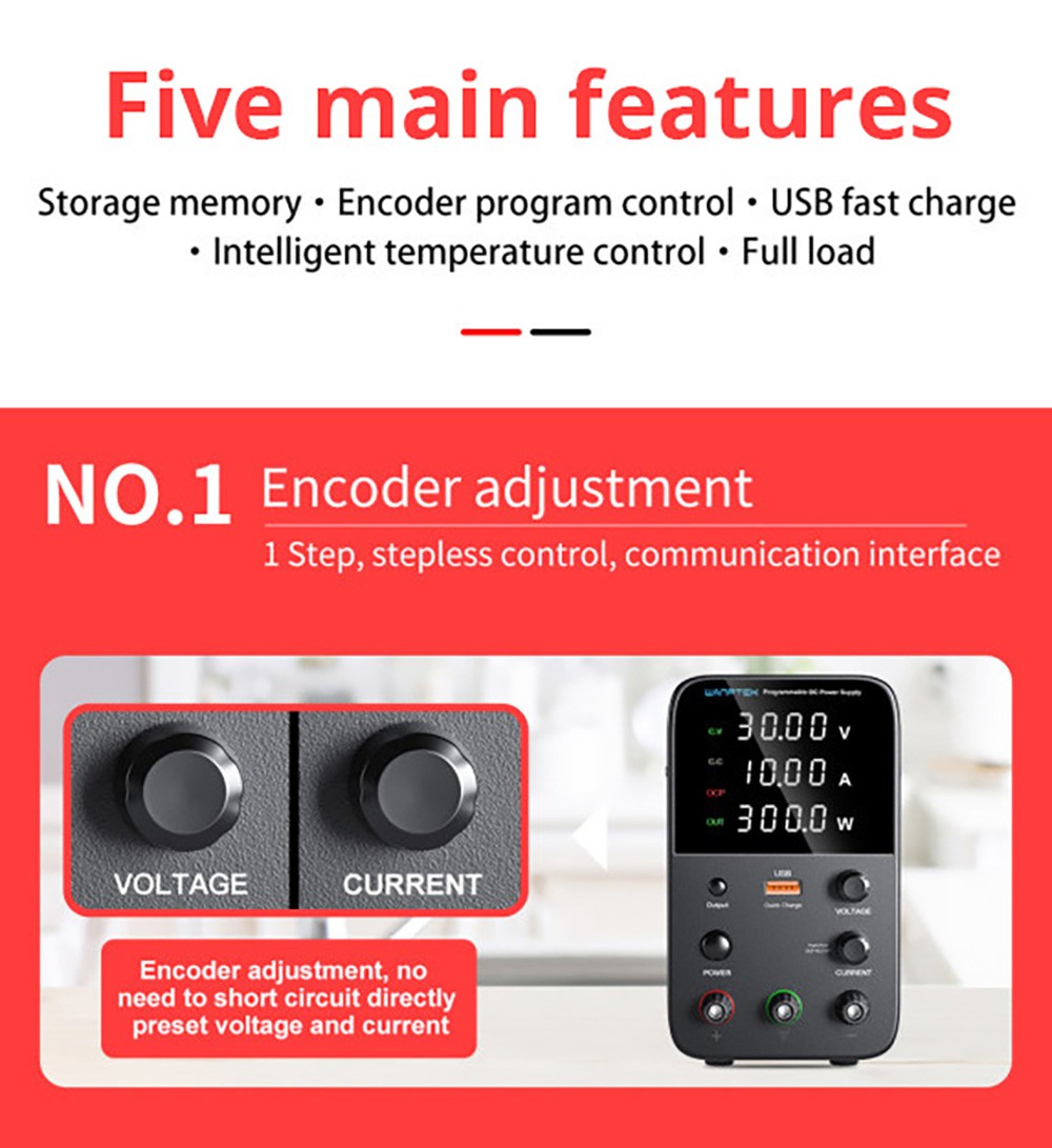 WANPTEK WPS3010 Programmable Regulated DC Power Supply, 30V 10A, Encoder Adjustment, USB Fast Charge, Intelligent Temperature Control, 4-Digit Display, Low Ripple, Low Noise White - EU Plug