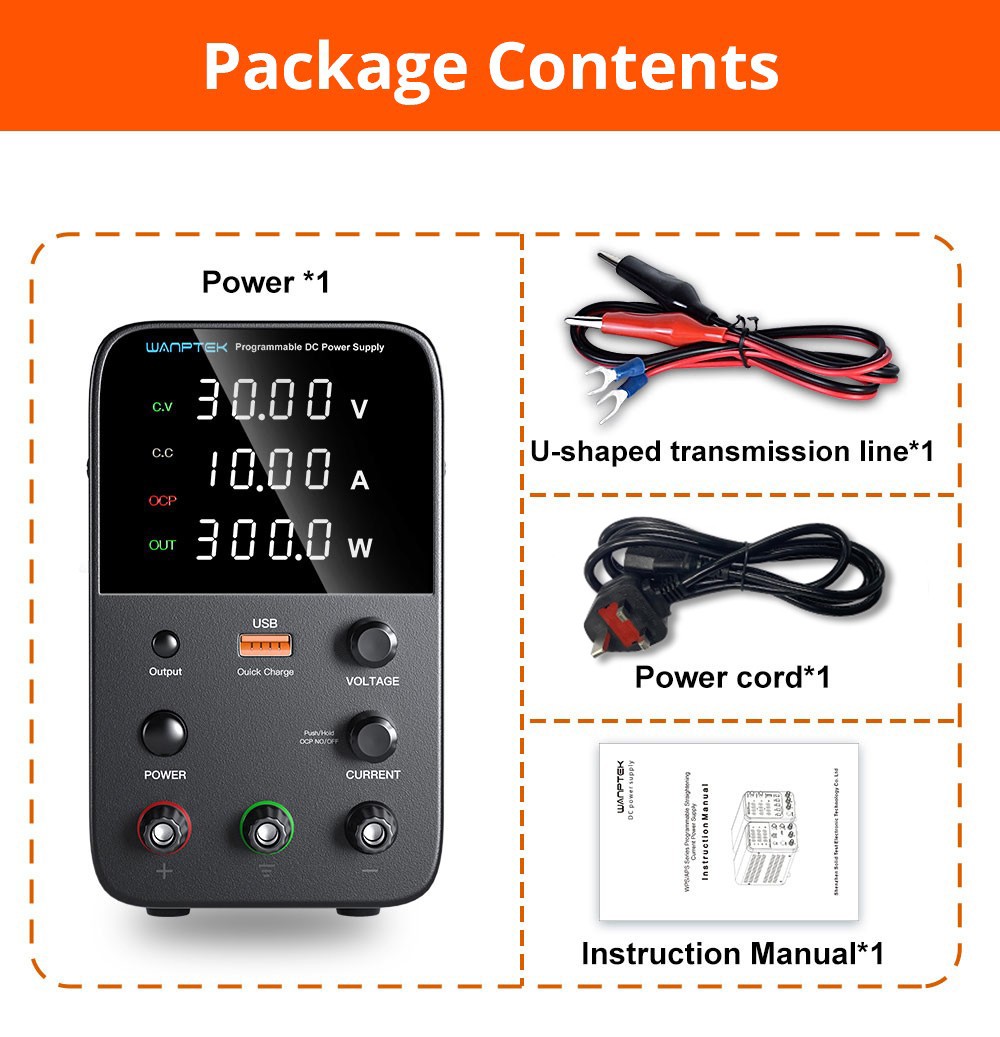 WANPTEK WPS3010 Programmable Regulated DC Power Supply, 30V 10A, Encoder Adjustment, USB Fast Charge, Intelligent Temperature Control, 4-Digit Display, Low Ripple, Low Noise White - UK Plug