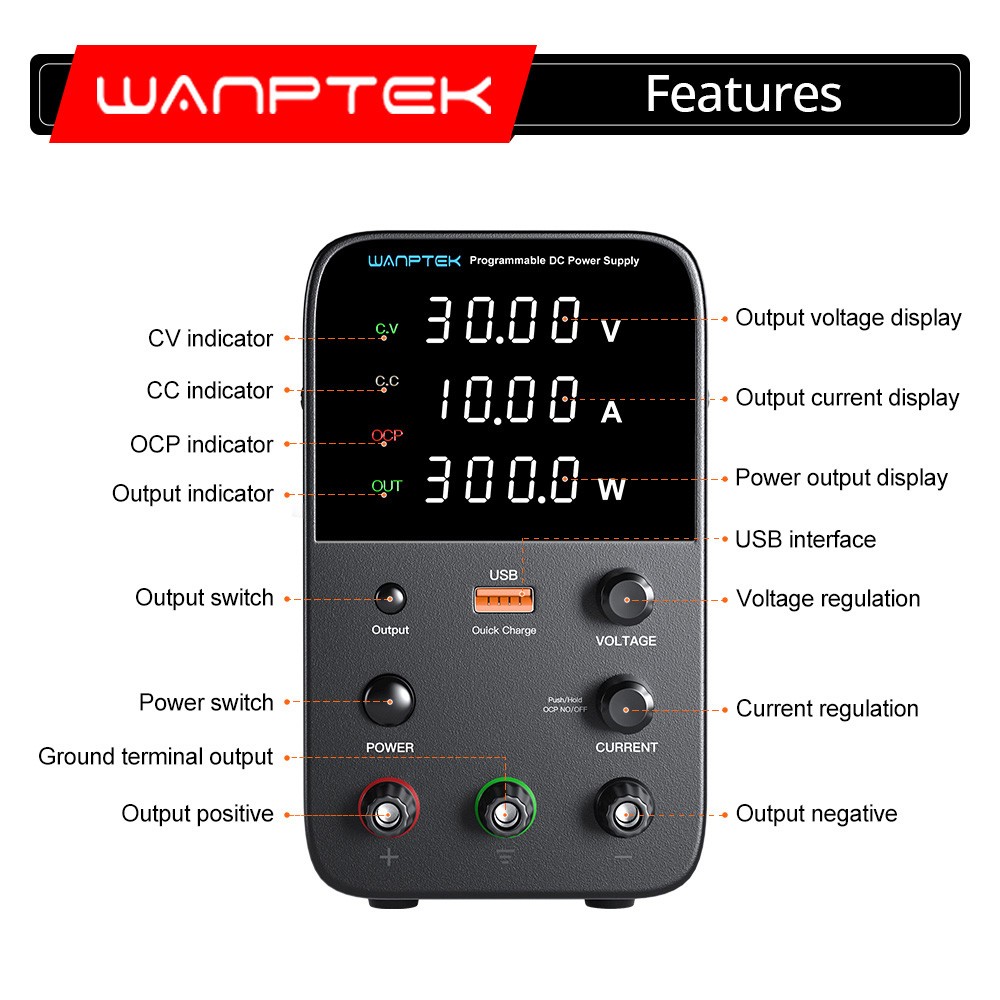 WANPTEK WPS3010 Programmable Regulated DC Power Supply, 30V 10A, Encoder Adjustment, USB Fast Charge, Intelligent Temperature Control, 4-Digit Display, Low Ripple, Low Noise White - UK Plug