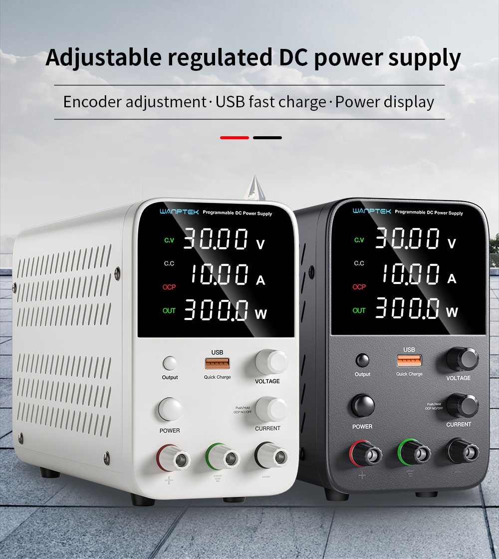 WANPTEK WPS3010 Programmable Regulated DC Power Supply, 30V 10A, Encoder Adjustment, USB Fast Charge, Intelligent Temperature Control, 4-Digit Display, Low Ripple, Low Noise White - US Plug