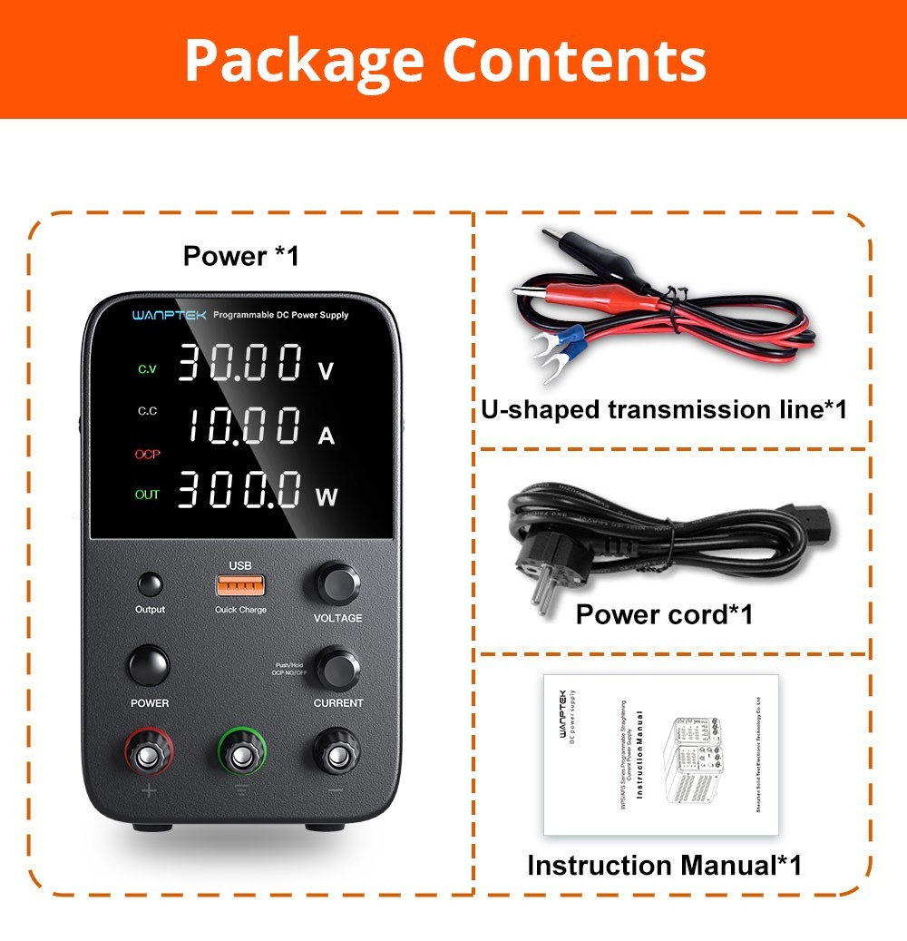WANPTEK WPS3010 Programmable Regulated DC Power Supply, 30V 10A, Encoder Adjustment, USB Fast Charge, Intelligent Temperature Control, 4-Digit Display, Low Ripple, Low Noise White - US Plug