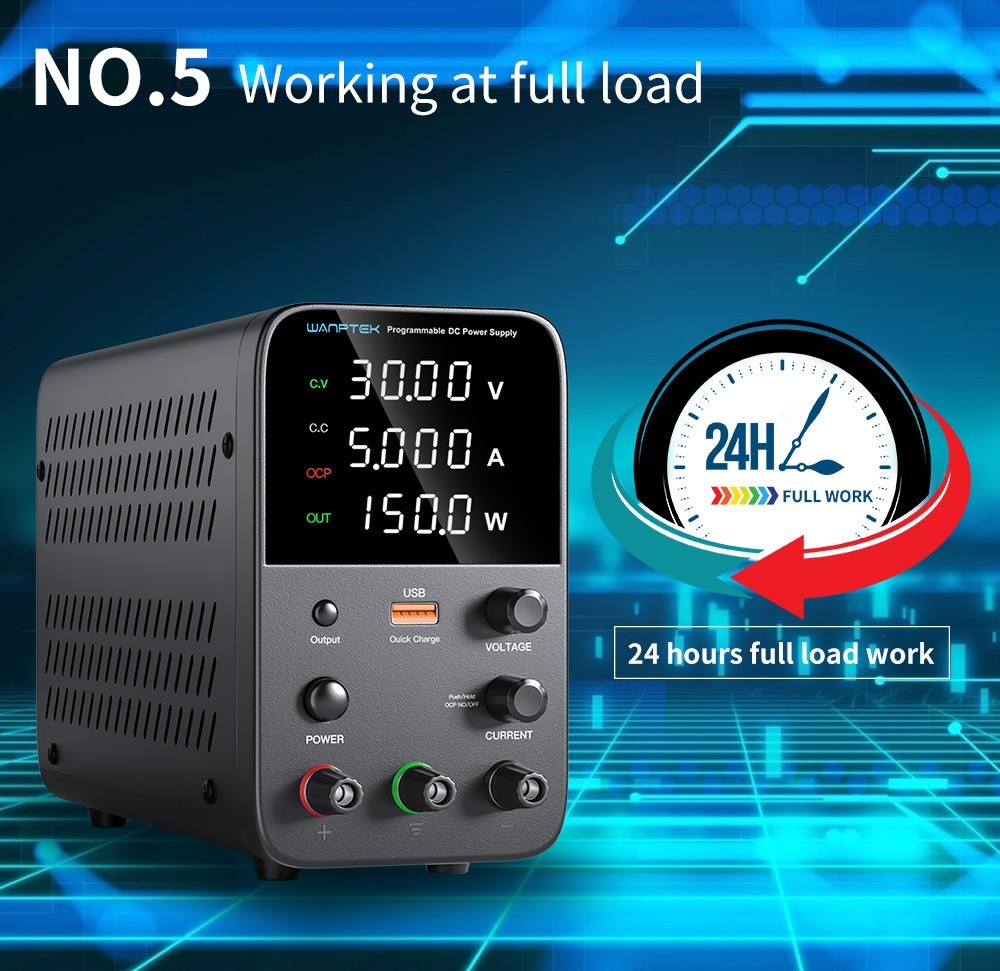 Wanptek WPS305 Programmable Regulated DC Power Supply, 30V 5A, Encoder Adjustment, USB Fast Charge, Intelligent Temperature Control, 4-Digit Display, Low Ripple, Low Noise Black - US Plug