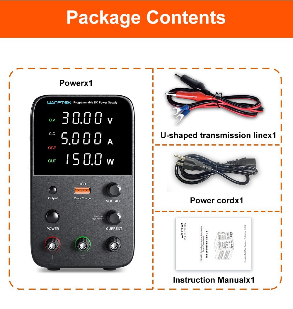 Wanptek WPS305 Programmable Regulated DC Power Supply, 30V 5A, Encoder Adjustment, USB Fast Charge, Intelligent Temperature Control, 4-Digit Display, Low Ripple, Low Noise Black - US Plug